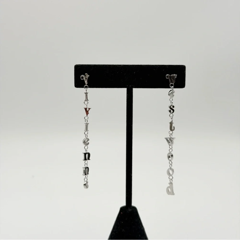 VIVIENNE WESTWOOD RAIMUNDA ASYMMETRICAL LETTER DROP EARRINGS – SILVER TONE - Picture 3 of 6